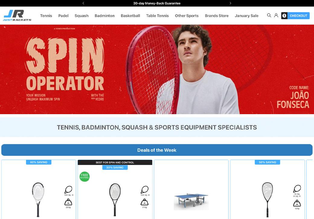 Featured client: Just Rackets (homepage)