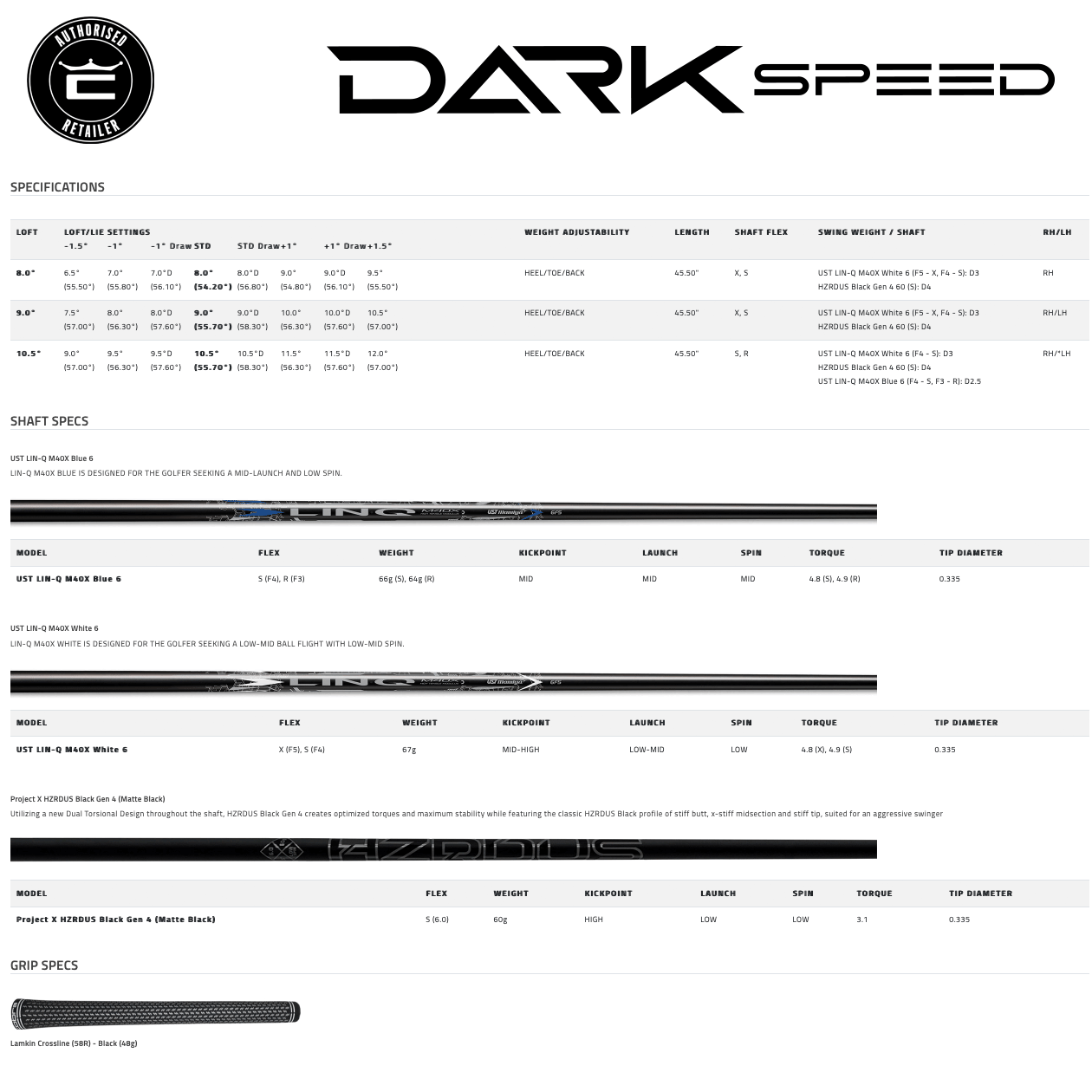 Cobra Darkspeed LS Driver Specifications