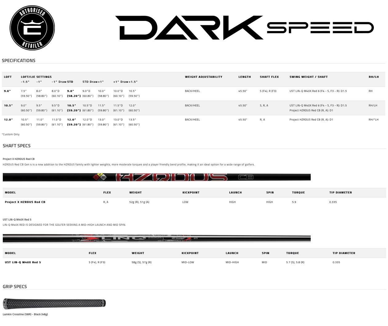 Cobra Darkspeed Max Driver Specifications