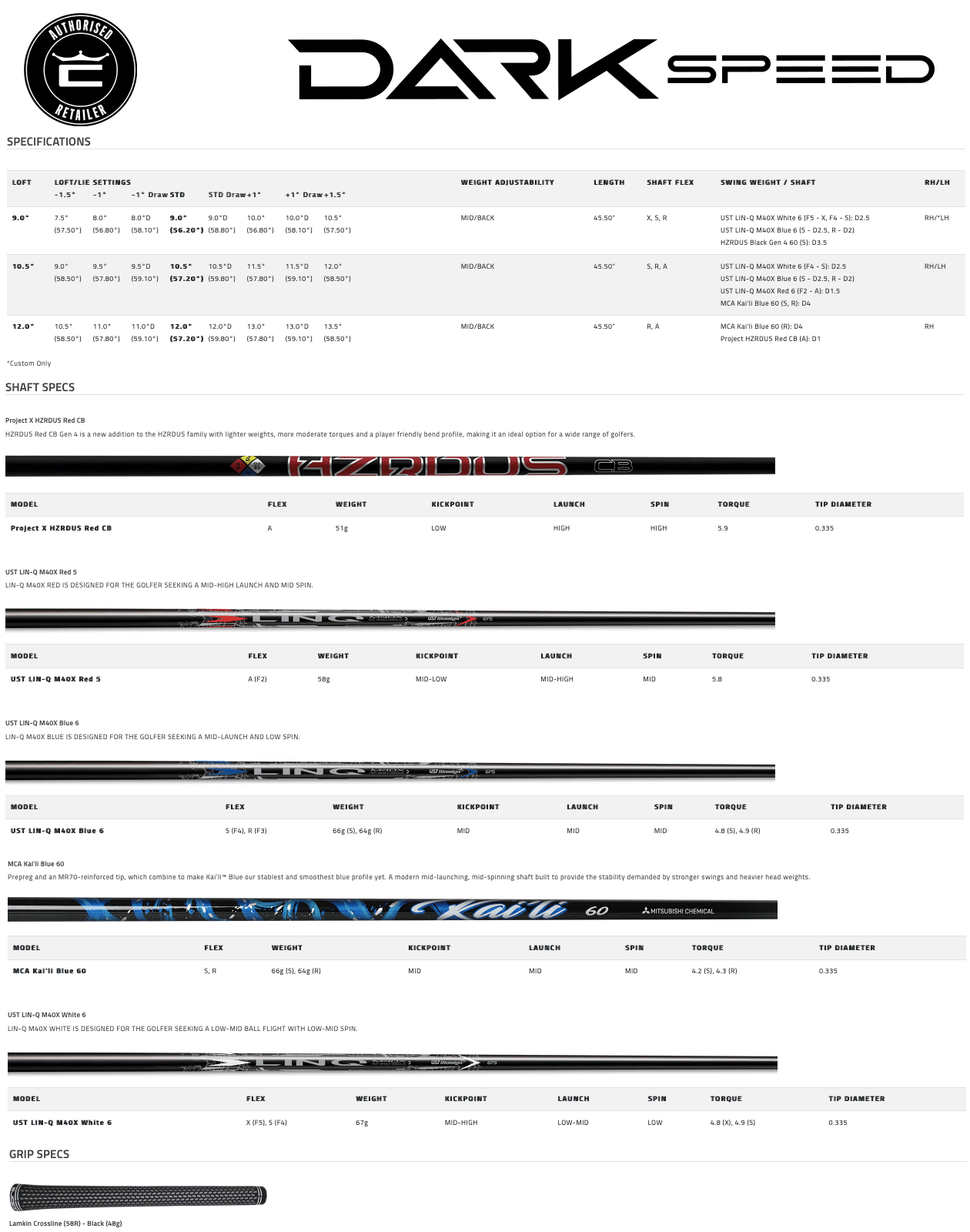 Cobra Darkspeed X Driver Specifications